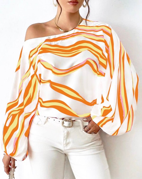 Alicia® | Elegant Loose Striped Off-The-Shoulder Long-Sleeved Blouse
