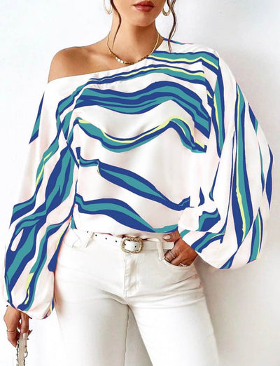 Alicia® | Elegant Loose Striped Off-The-Shoulder Long-Sleeved Blouse