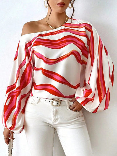 Alicia® | Elegant Loose Striped Off-The-Shoulder Long-Sleeved Blouse