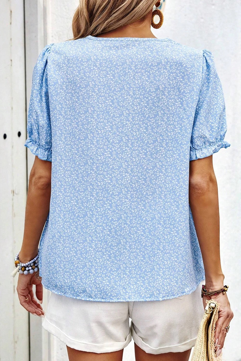 Andrea® | Sky blue floral embroidered notched V-neck blouse with puff sleeves