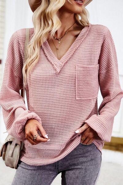 Angela® | Waffle knit long sleeve shirt with V-neck