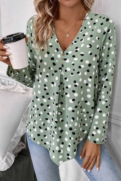 Aelwen® | Polka dot blouse with button front and V-neck
