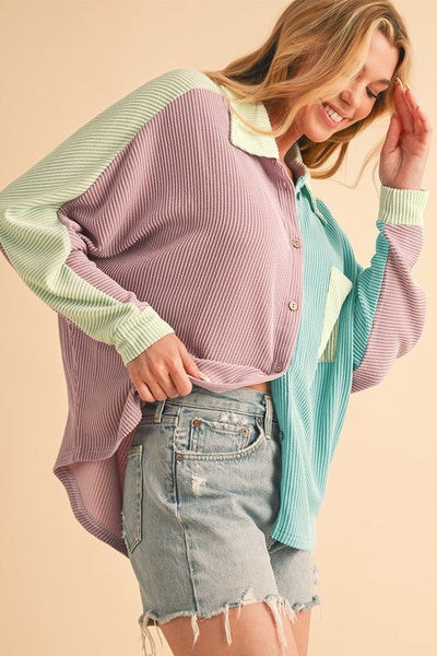 Anya® | Button-up, ribbed crinkle color block shirt