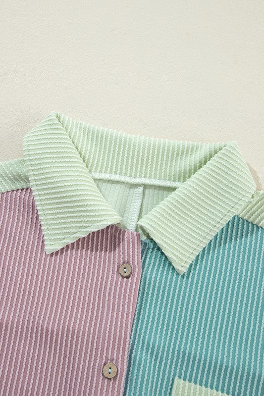 Anya® | Button-up, ribbed crinkle color block shirt