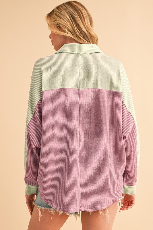 Anya® | Button-up, ribbed crinkle color block shirt
