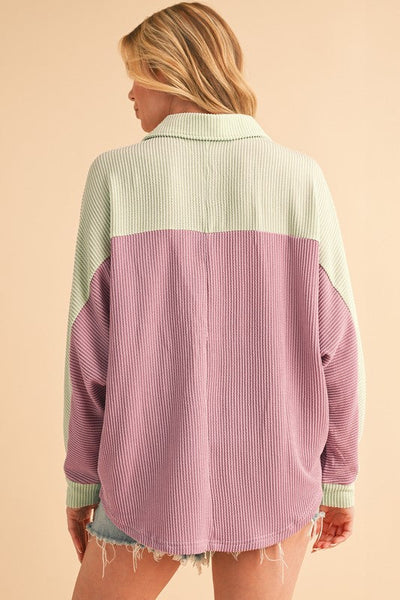 Anya® | Button-up, ribbed crinkle color block shirt