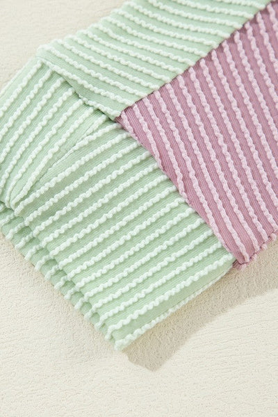 Anya® | Button-up, ribbed crinkle color block shirt