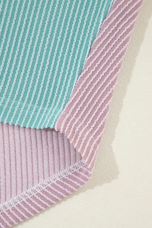 Anya® | Button-up, ribbed crinkle color block shirt