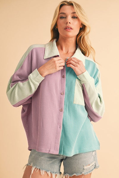 Anya® | Button-up, ribbed crinkle color block shirt