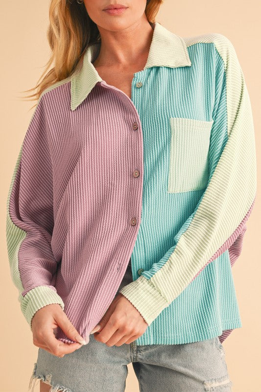 Anya® | Button-up, ribbed crinkle color block shirt