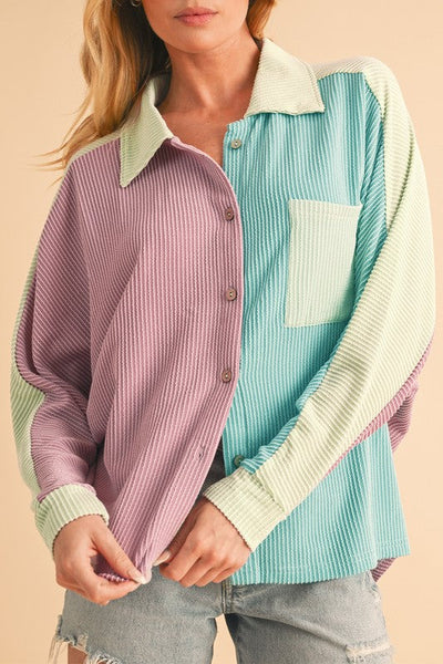 Anya® | Button-up, ribbed crinkle color block shirt