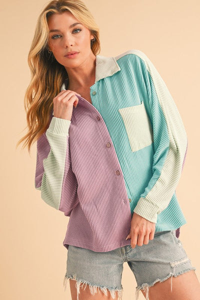 Anya® | Button-up, ribbed crinkle color block shirt