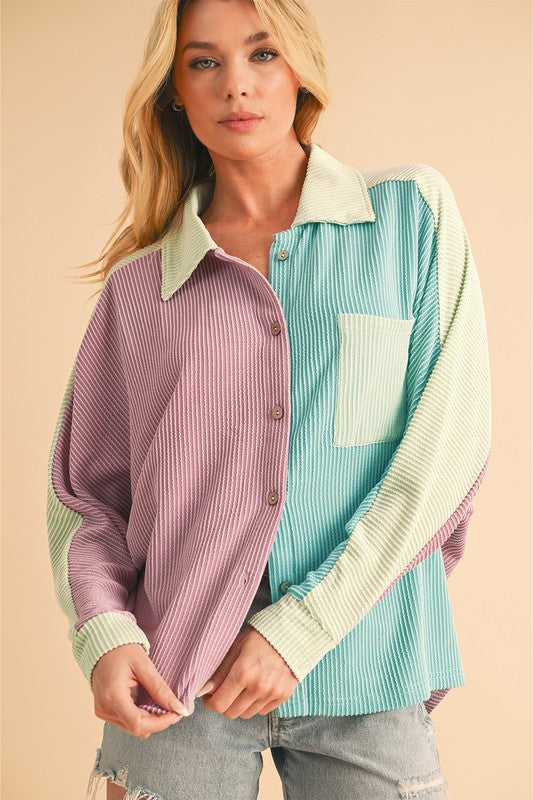 Anya® | Button-up, ribbed crinkle color block shirt