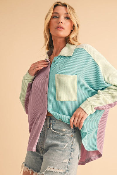 Anya® | Button-up, ribbed crinkle color block shirt