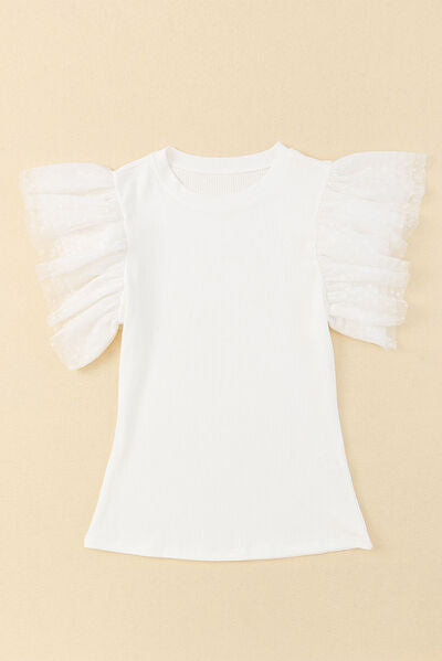 Angeline's® | Ruffled blouse with a round neckline and cap sleeves