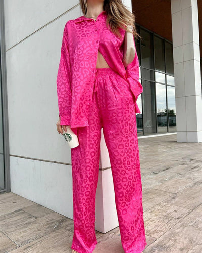 Amalia® | Leopard print satin shirt and pants set