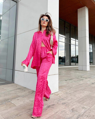 Amalia® | Leopard print satin shirt and pants set