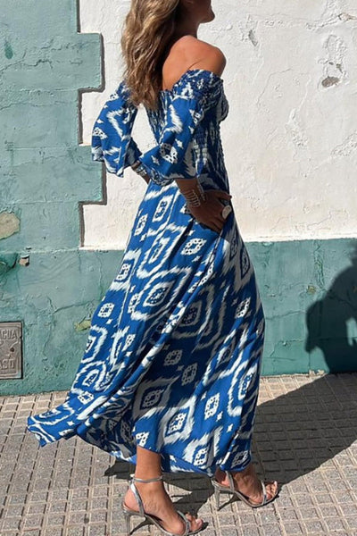 Madeline® | Smocked, off-the-shoulder maxi dress with ethnic print and pockets