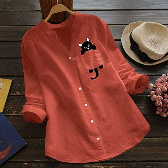 Anaid® | Long-Sleeved Cotton Blouse With V-Neck And Cat Print