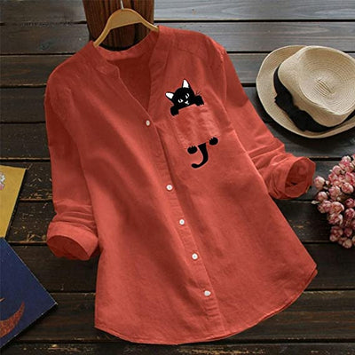 Anaid® | Long-Sleeved Cotton Blouse With V-Neck And Cat Print