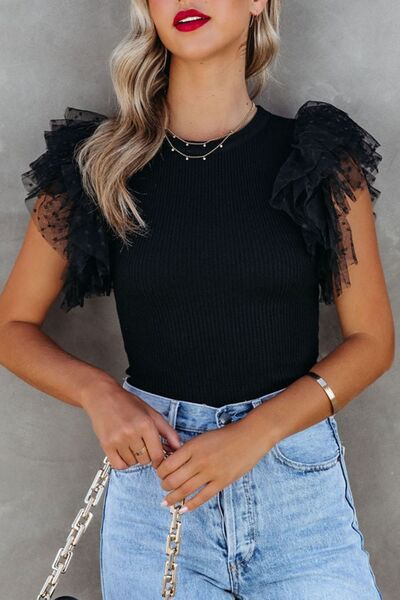 Angeline's® | Ruffled blouse with a round neckline and cap sleeves