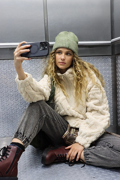 Lilian® | Fluffy cable knit fleece half zip sweatshirt