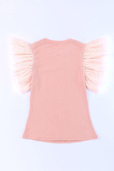 Angeline's® | Ruffled blouse with a round neckline and cap sleeves