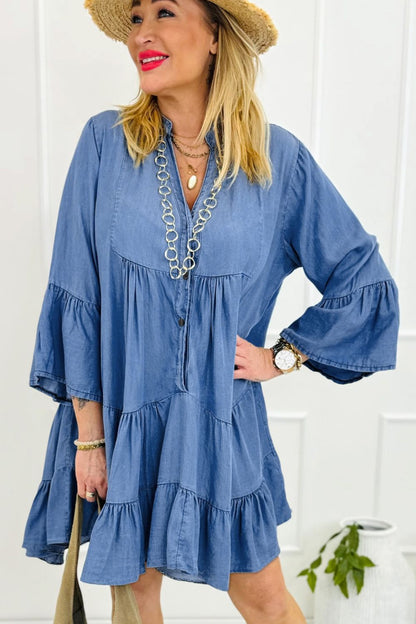 Sol® | Denim dress with notched three-quarter sleeves