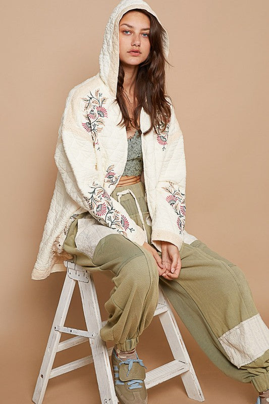 Madeleine® | Embroidered quilted jacket with open front and crochet pockets