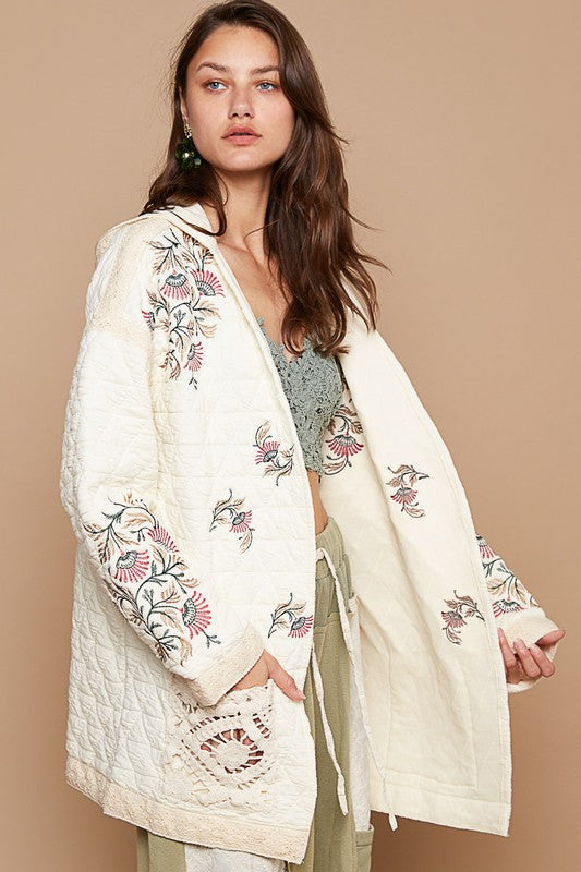 Madeleine® | Embroidered quilted jacket with open front and crochet pockets