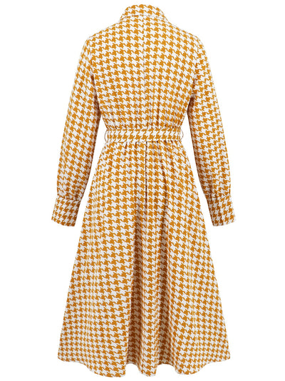Abigail® | Long sleeve houndstooth lace-up midi dress