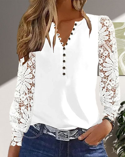 Alexandra® | Button-down blouse with lace sleeves for women