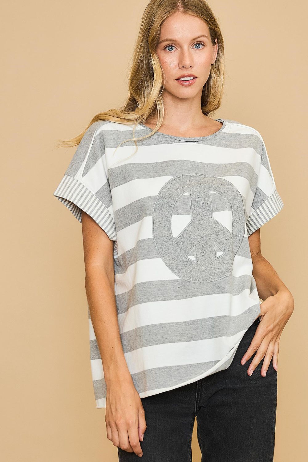 Araceli® | Striped French terry T-shirt with peace sign patch