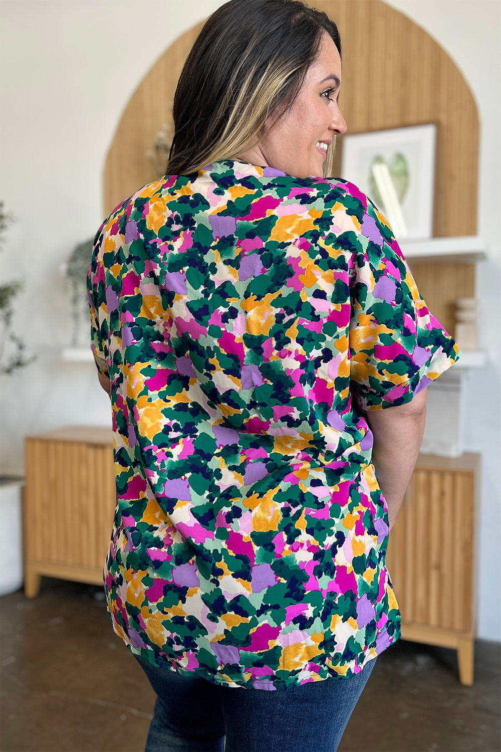 Macarena® | Double Take Printed V-neck short sleeve top with full size side slits