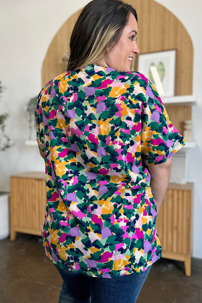 Macarena® | Double Take Printed V-neck short sleeve top with full size side slits