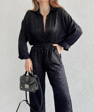 Amalia® | Leopard print satin shirt and pants set