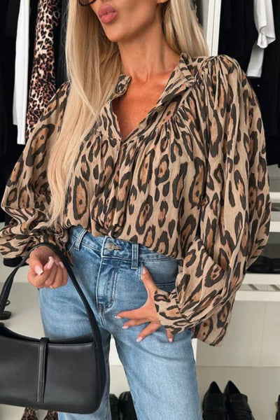Agustina® | Light beige loose leopard print blouse with balloon sleeves