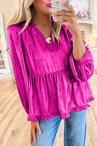 Jenna® | Velvet ruffle babydoll blouse with V-neck and puff sleeves