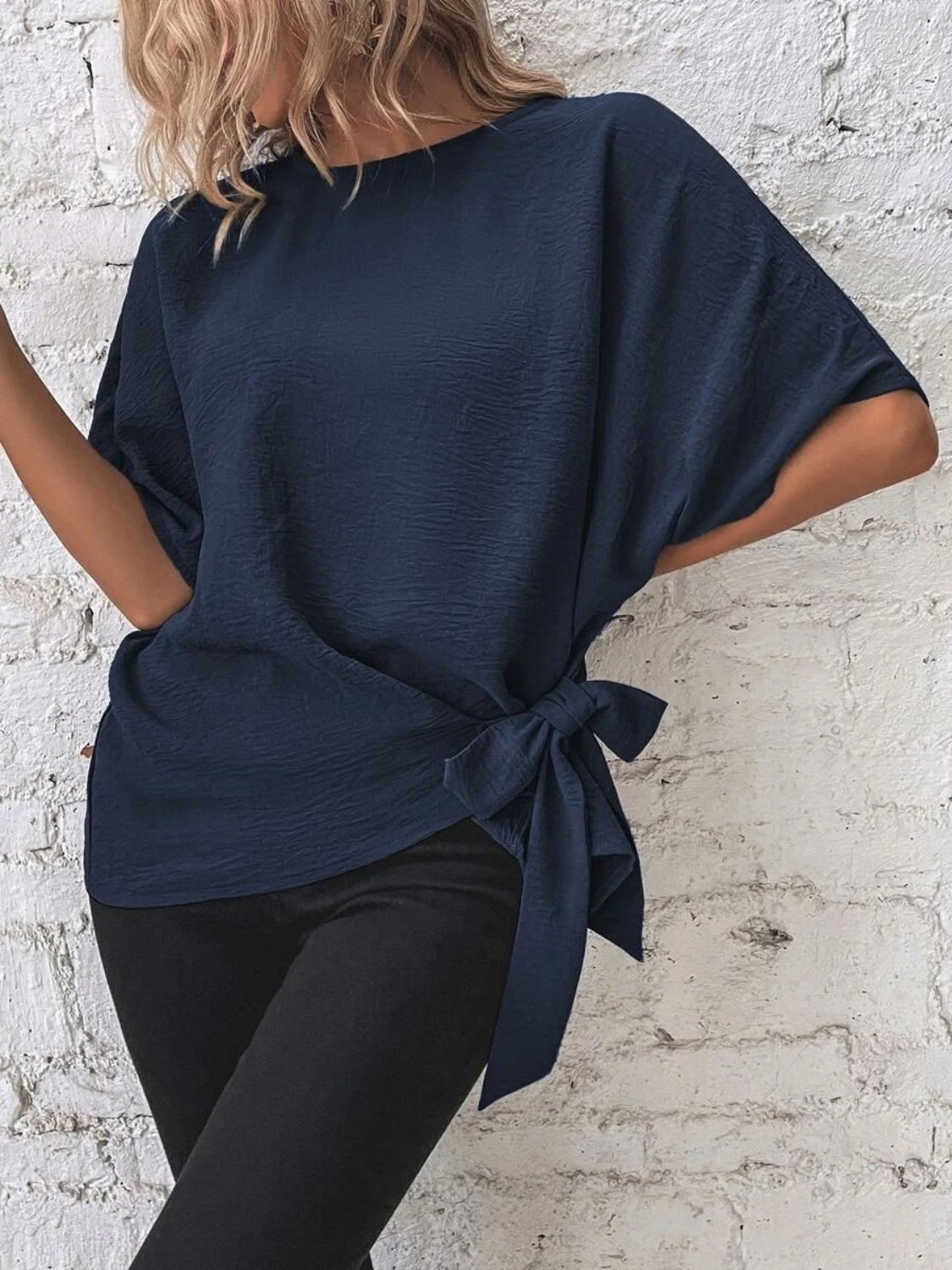 Alejandra® | Knotted, mid-length blouse with a round neckline