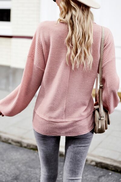 Angela® | Waffle knit long sleeve shirt with V-neck
