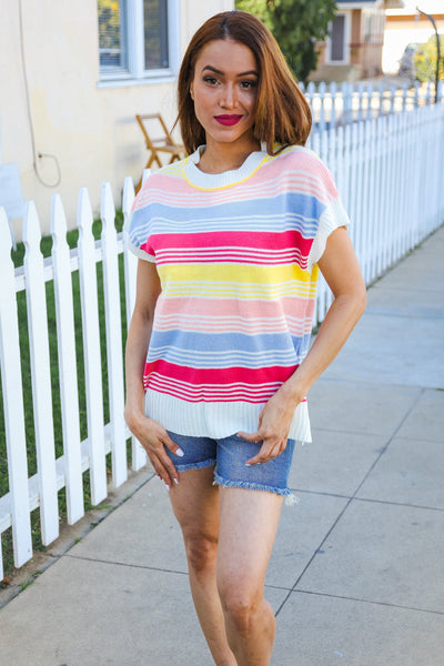 Lyra® | Feeling Playful Blue and fuchsia striped short sleeve knit top
