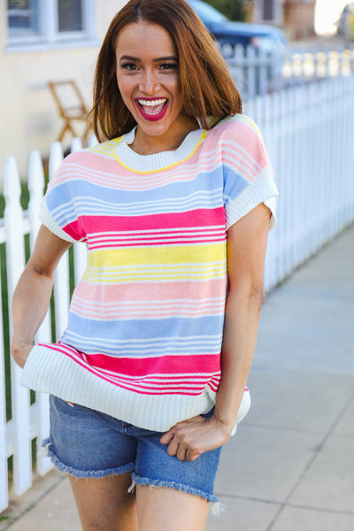 Lyra® | Feeling Playful Blue and fuchsia striped short sleeve knit top