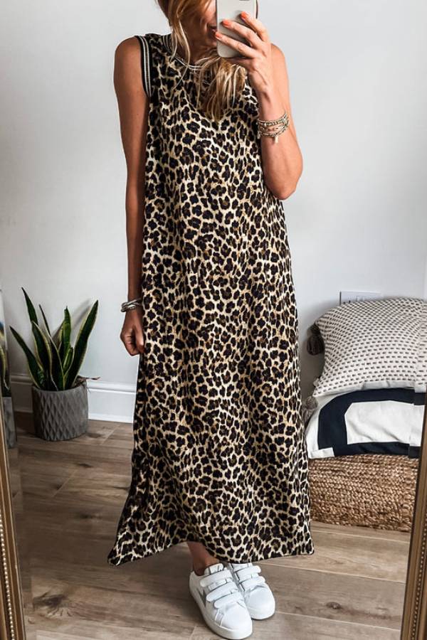 Madison® | Black sleeveless midi dress with contrast stripe trim and leopard print