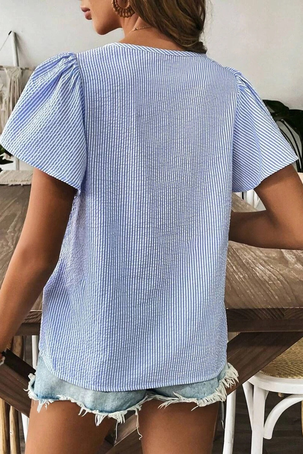 Alba® | Sky blue striped boho blouse with crochet appliqué