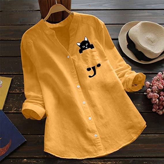 Anaid® | Long-Sleeved Cotton Blouse With V-Neck And Cat Print