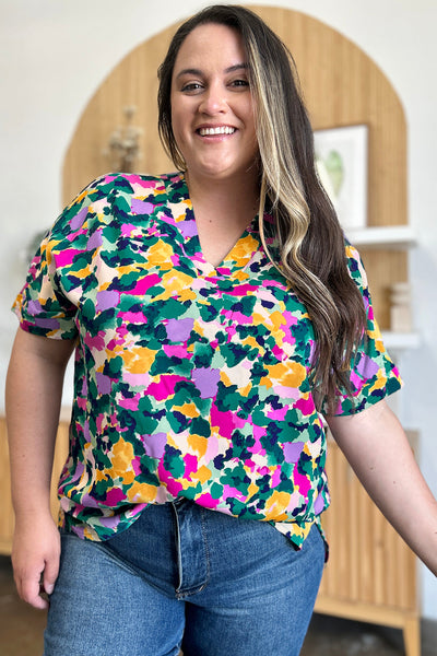 Macarena® | Double Take Printed V-neck short sleeve top with full size side slits