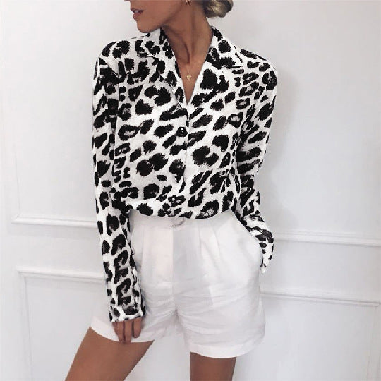 Angharad® | Classy Long Sleeve Leopard Print Blouse Turn Down Collar
