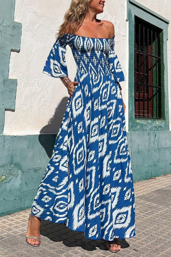 Madeline® | Smocked, off-the-shoulder maxi dress with ethnic print and pockets