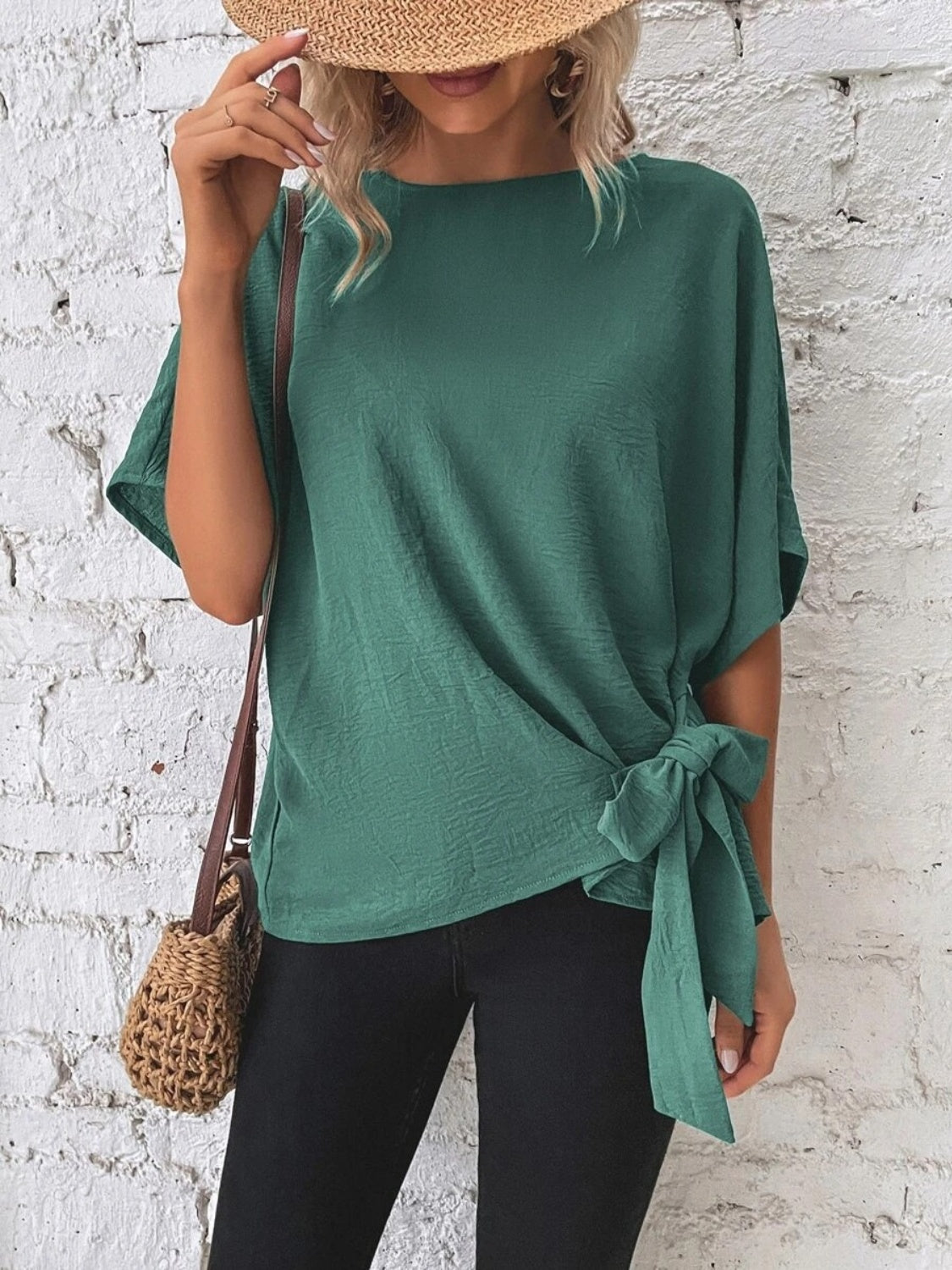 Alejandra® | Knotted, mid-length blouse with a round neckline