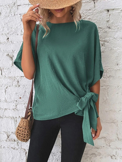 Alejandra® | Knotted, mid-length blouse with a round neckline